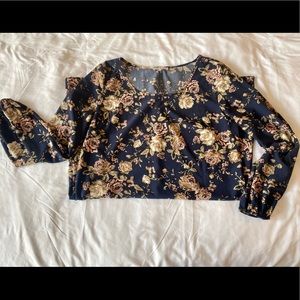 Blue Flower Print Long Sleeved Dress